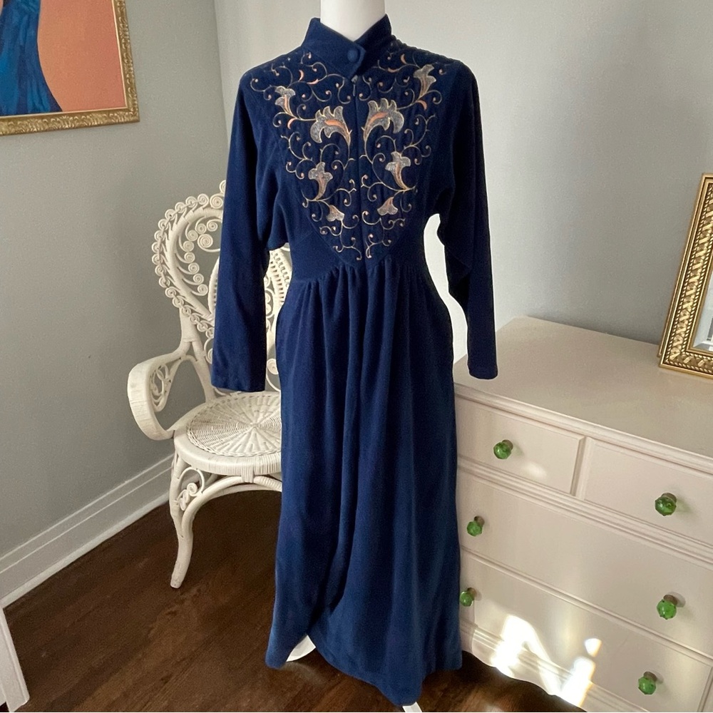 Vintage Vanity Fair Navy Blue Housecoat Nightgown, Size Small
